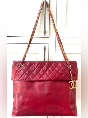CHANEL Vintage Red Leather Chain Tote CC Charm 1 Series